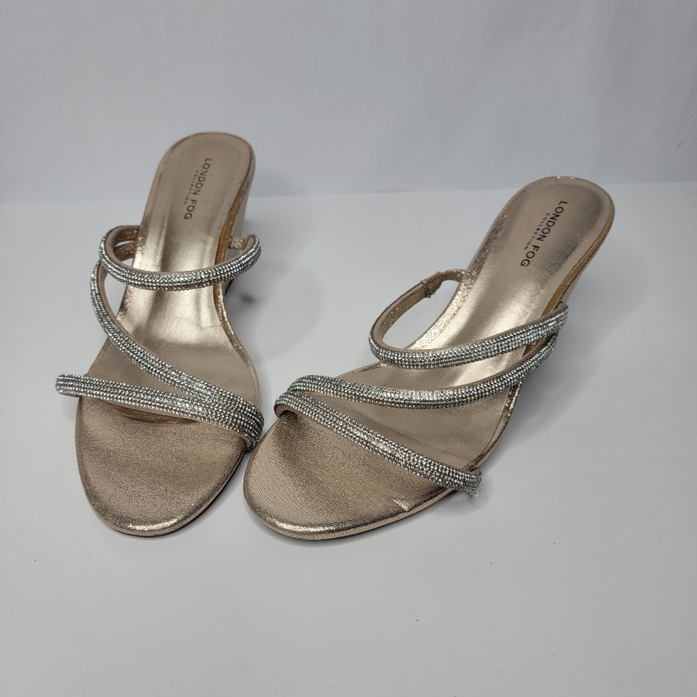 London Fog Women's Gold Deserae Rhinestone Straps Wedge Sandals Size 10